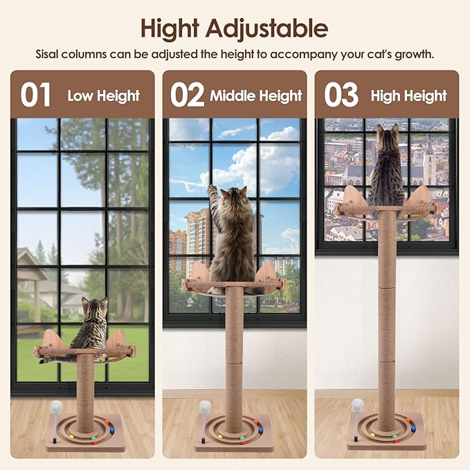 Cat Window Perch with Tall Sisal Scratching Posts, 45" Adjustable Cat Tree Hammock with 3 Strong Suction Cups, Cat Window Bed for Inside Sleeping, Playing and Birds Watching (Drilling-Free)
