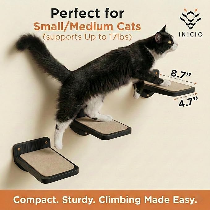 INICIO Cat Wall Stairs - Set of 3 Wall Steps for Cats to Climb with Fixtures, 8.7"x4.7" - Floating Steps for Climbing or Playing - for Kittens and Adult Cats, Black