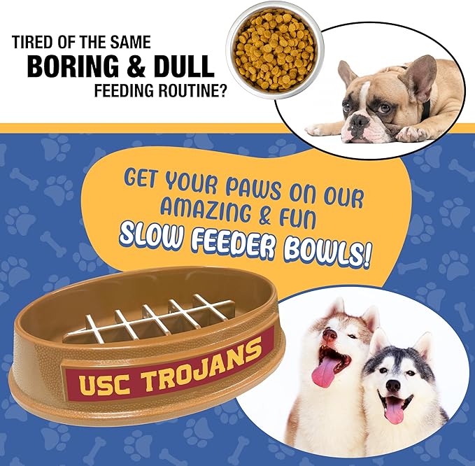 NCAA Super-Bowl - USC Trojans Slow Feeder Dog Bowl. Football Design Slow Feeding Cat Bowl for Healthy Digestion. Non-Slip Pet Bowl for Large & Small Dogs & Cats