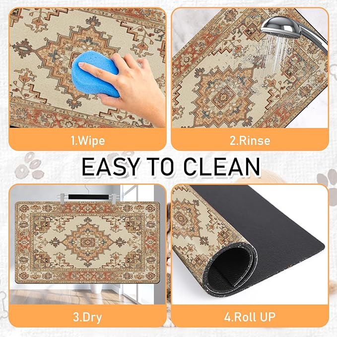 Pet Dog Food Mat - Absorbent Diatomite Dog Cat Feeding Mats for Food and Water, Anti Slip Dog Cat Bowl Placemat for Floors, Quick Dry Pet Dish Matts Supplies, Bohemia Style, 17 * 30in