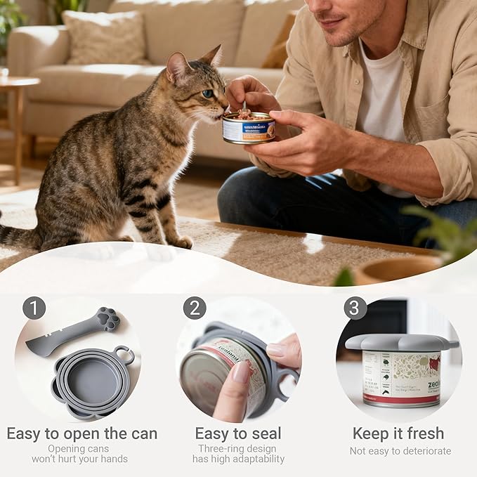 Pet Food Can Lids And Spoon,2 Pack Pet Food Can Covers, One Fit 3 Standard Size Cans,For Dog And Cat Food Cans,Grey