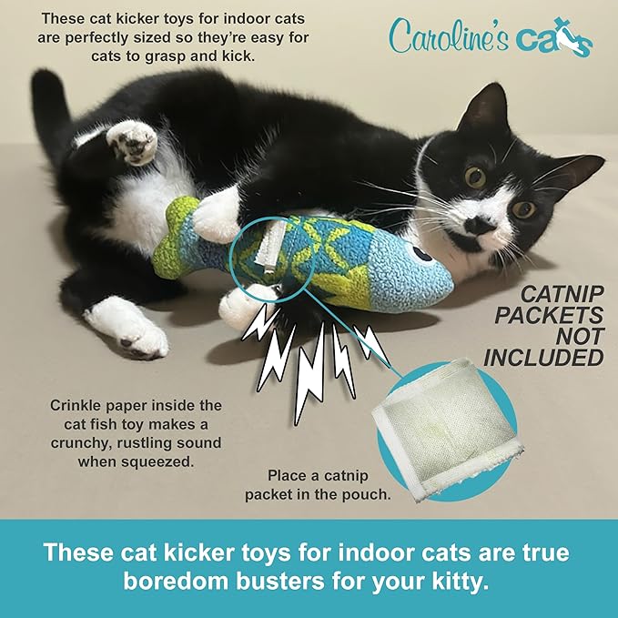 Caroline's Cats Refillable Catnip Pouch Cat Kicker Toys with Crinkle Sound Inside, Interactive Fish Toy for Cats, Plush Indoor Cat Nip Kitty Kick Sticks, Comfort Pillow for Kittens, 9.5 Inches
