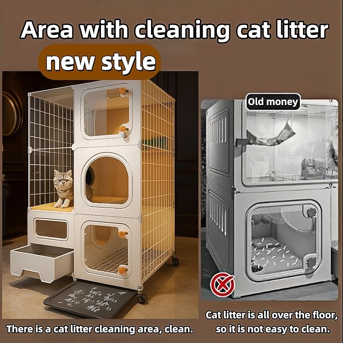 Indoor Cat Cage with Litter Box, Outdoor Cat House with Wheels,cat Enclosure, Complimentary Cat Bed, Bowl, Teaser Wand; Small Animal Dog Cages, Three-Tier cat Kennel(28″(L) x18.2″(W) x46.2″(H))