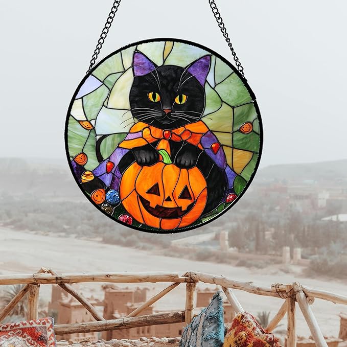 Stained Glass Window Hanging Black Cat Orange Pumpkin 9.8" - Suncatcher Door Garden Kitchen Sun Catcher Home Decor Birthday for Lost Pets Mom Men Woman Friend Grandma