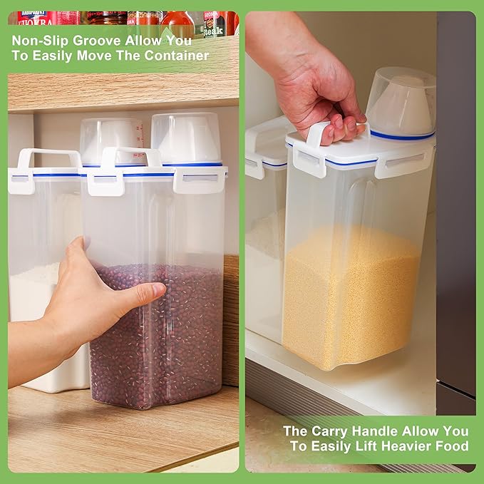 2 Pcs 5.5Lbs Rice Dispenser Storage Containers, Rice Container with Measuring Cup & Pour Spout, Kitchen Plastic Airtight Container for Cereal, Grain, Flour, Sugar, Oatmeal, Dry Pet Dog Food
