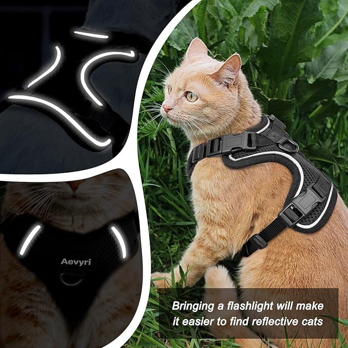 Cat Harness, Cat Harness and Leash for Walking, Adjusted in Four Directions and Breathable Cat Harness for Anti Escape that can be Fitted and Positioned, Reflective Strips Harness, Black, XS