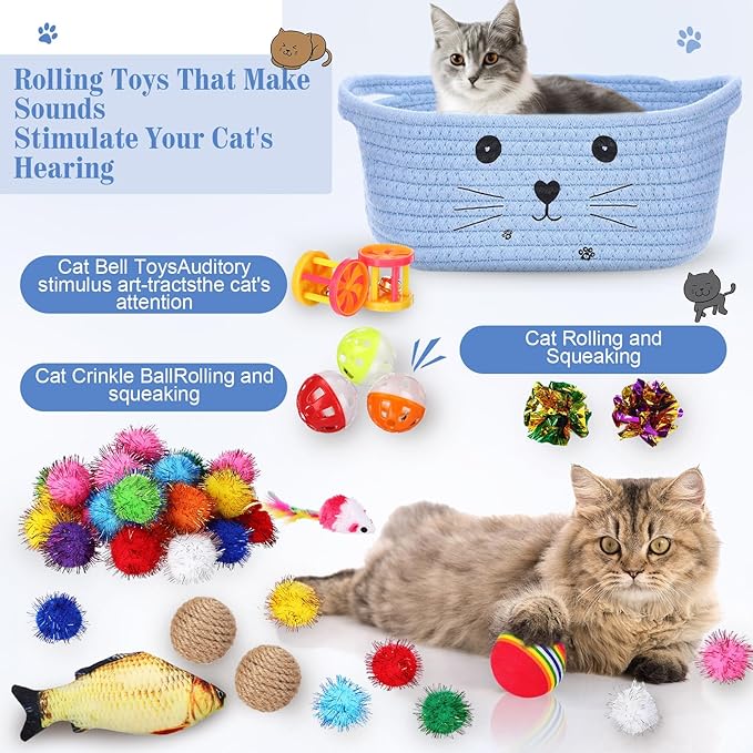 Zopeal 58 Pcs Valentine's Day Cat Storage Basket Gift Toys Set, Colorful Flashing Balls Pet Bell Crinkle Balls Spring Toys Attract Cat to Swat, Hunt, Interactive for Pet(Light Blue,9.8 Inch)