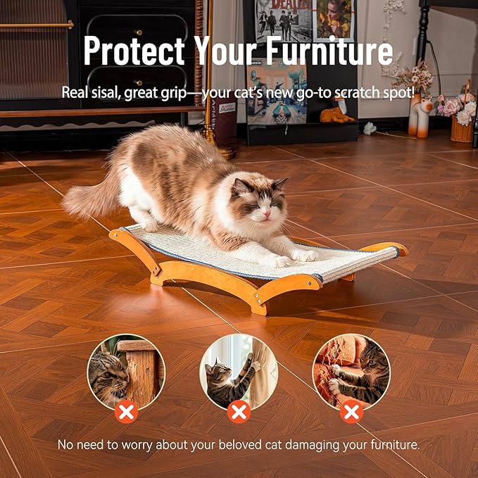 Sisal Cat Scratcher Bed for Indoor Large Cats Lounger & Sleep, Natural Durable Cat Scratching Hammock Pad Board, Solid Wooden Kitten Chair Furniture Easy Assembly