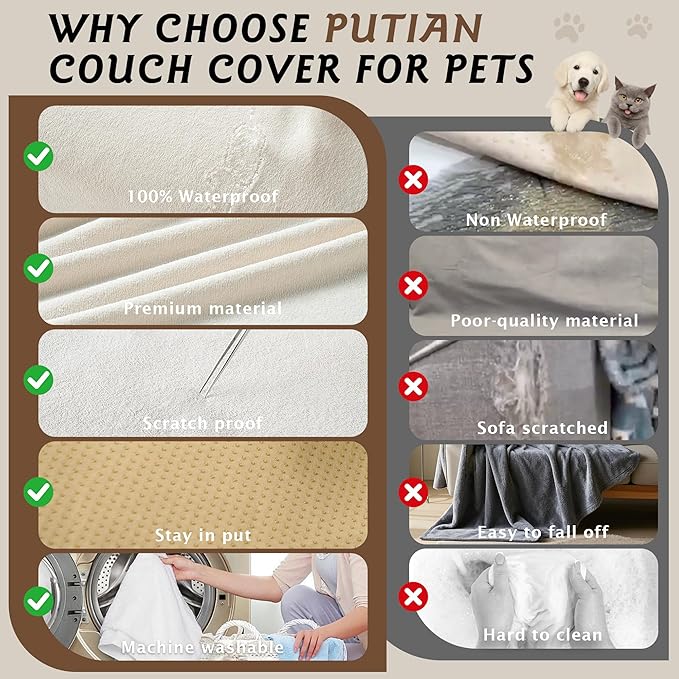 PuTian 100% Waterproof Couch Cover for Dogs - Anti-Scratch Washable Non Slip 2 Cushion Cover Blanket for L Shaped Sectional Recliner Chair Sofa Slipcover for Pet Cats Kids, 71''X134'' Creamy White