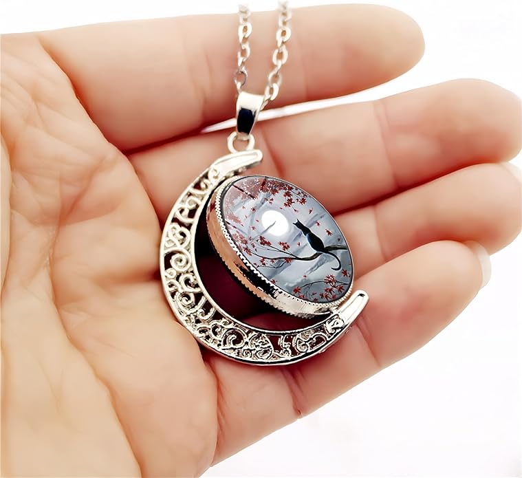 DEQIYIJI Cat Gifts Cute Black Cat Moon Pendant Necklace Jewelry For Women Cat Lovers Stuff