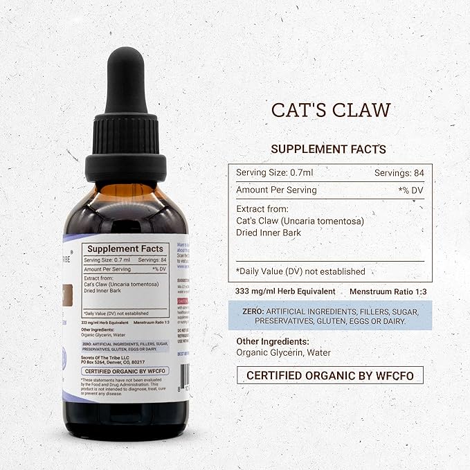 Secrets of the Tribe Cat's Claw Tincture Alcohol-Free Liquid Extract, Wildcrafted Cat's Claw (Uncaria Tomentosa) Dried Inner Bark (2 FL OZ)