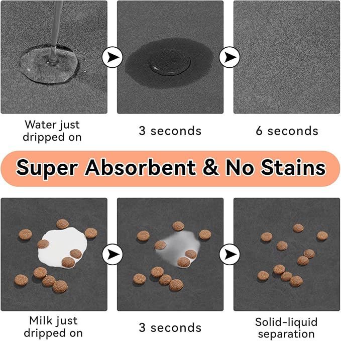 Dog Cat Feeding Mat-Absorbent Pet Bowl Mat for Food and Water, Quick Dry Water Dispenser Mat for Floors with Waterproof Rubber Backing, Puppy Cat Placemat Mats for Messy Drinkers,16"x24",Dark Grey