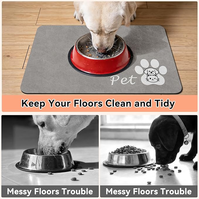 Dog Cat Feeding Mat-Absorbent Pet Bowl Mat for Food and Water, Quick Dry Water Dispenser Mat for Floors with Waterproof Rubber Backing, Large Dogs Placemat Mats for Messy Drinkers,17"x27",Grey