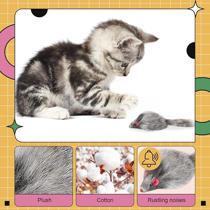 Hungdao 24 Pcs Furry Mice Interactive Catch Play Rabbit Fur Mouse Rattle Sound Rat Plush for PET Cats and Kittens, 3 Colors (White,Black,Gray)