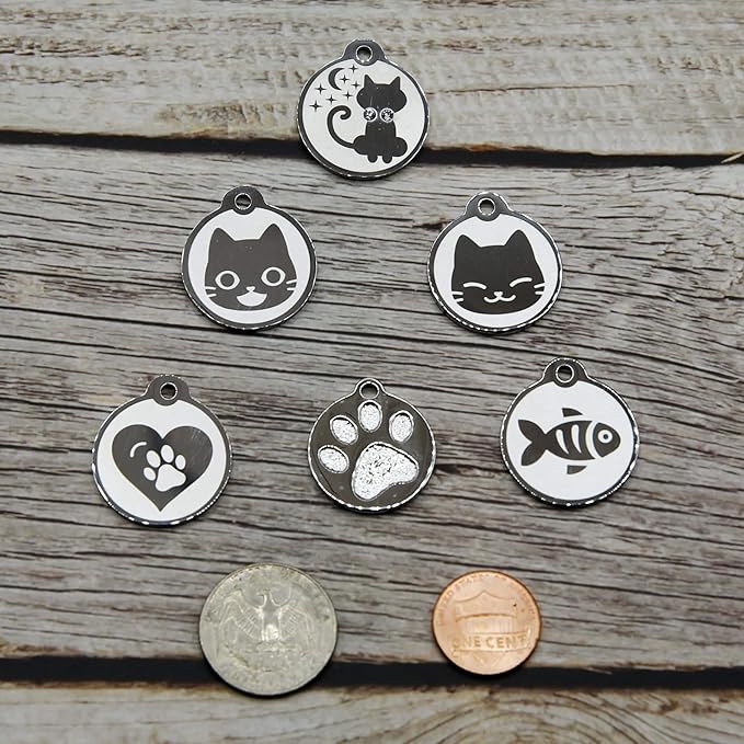 Stainless Steel Cat ID Tags - Engraved Personalized Cat Tags Includes up to 4 Lines of Text with Round Paw Shape