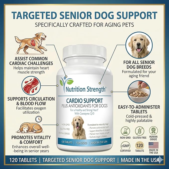 Cardio Support for Dogs Plus Antioxidant, L-Carnitine, L-Taurine, with Coenzyme Q10 and Vitamin E, Promotes a Healthy and Strong Dog Heart, 120 Chewable Tablets