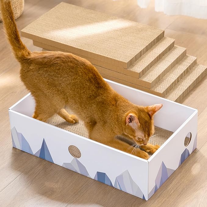 Conlun Cat Scratcher Box with Heavy-Duty Double-Sided Cardboard Pad, Cardboard Lounger, Cat Bed for Indoor Cats, Interactive Hole Design, Large - 5 Pack, White