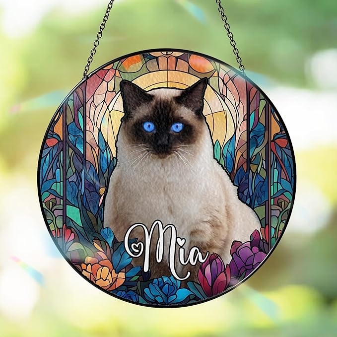 Custom Cat Dog Portrait Art Suncatcher Stained Glass Window Hanging Remembrance Gift Indoor Decor Dog Bereavement Keepsake Loss of Pet Sympathy with Name Date Portrait