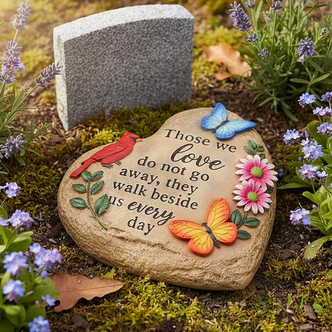 Memorial Stones for Loved Ones Outside with Cardinal Butterfly Flowers, Sympathy Gifts for Loss of Loved One Waterproof Resin Grave Decorations for Cemetery 10 inch