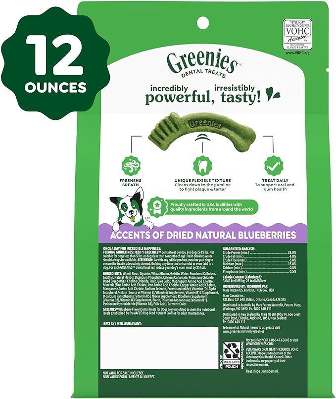 Greenies Dog Treats Veterinarian-Recommended Natural Dental Treats for Dogs, Teenie Size, Blueberry Flavor, 12 oz. Packs, 43 Count