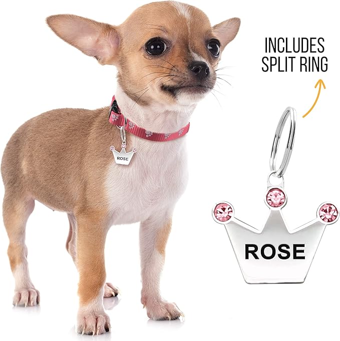 Custom Crystals Crown Pet ID Collar Tag, Personalized Stainless Steel Cute Shiny Bling Sparkly Safety Lost Charm Boy & Girl Dogs Puppies Cats & Ring Engraved SOS customizable with Name, Phone, Address