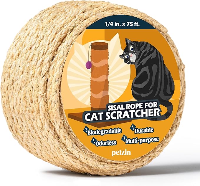 Pelzin Natural Sisal Rope for Cat Scratcher 1/4 Inch by 75 Feet, Cat Tree Rope Twine for Cat Scratching Post Replacement, Cat Tower with Scratch Post Repairing, Replace, Recovering and DIY, Natural