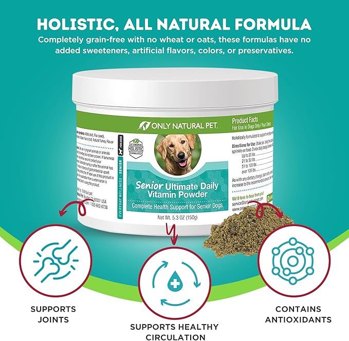 Only Natural Pet Senior Ultimate Daily Canine Vitamin Supplement for Dogs Complete Holistic Health Support - Made in USA, 5.3 oz Turkey Flavored Powder
