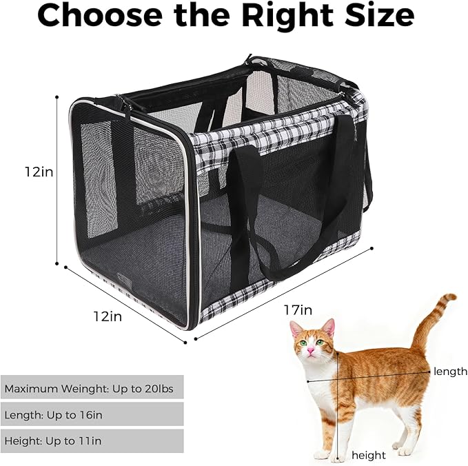Soft Sided Cat Carrier for Large Cats Up to 20 Lbs, Collapsible Cat Bag Airline Approved with Upgrade Zipper Closures,17 * 12 * 12in Pet Travel Carrier for Small Dogs Puppy or 2 Kittens, Black