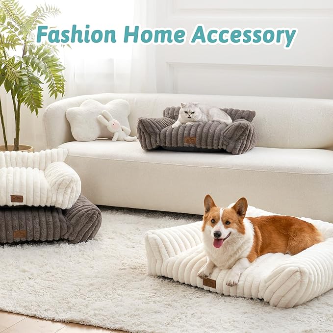 Cute Cat Couch, Fluffy Sofa Bed for Cats and Small Dogs, Premium Faux Rabbit Fur Cats beds for Indoor Cat, Ultra-Soft Supportive Pet Couch Furniture (Grey, S: 25.5''x17.5'')
