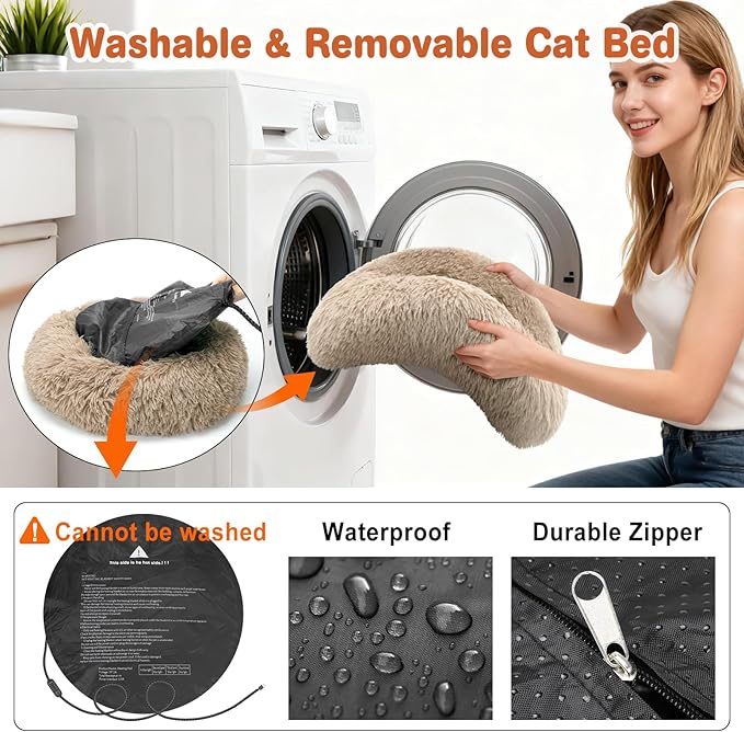 Heated Cat Beds for Indoor Cats and Small Dogs, 24'' Heated Pet Bed with Timer and Temp Adjustable, Cozy Fluffy Round Calming Pet Beds Removable Washable Cover USB Electric Warm Cat Bed- Camel