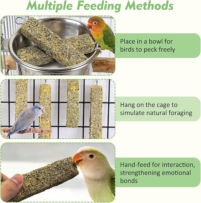 Fhiny 3 PCS Parakeet Treats, Natural Cockatiel Food Eucalyptus Leaves Mixed Grains Parrot Snack Sticks Bird Treats for Budgerigars Lovebirds Canaries Conurus Finches