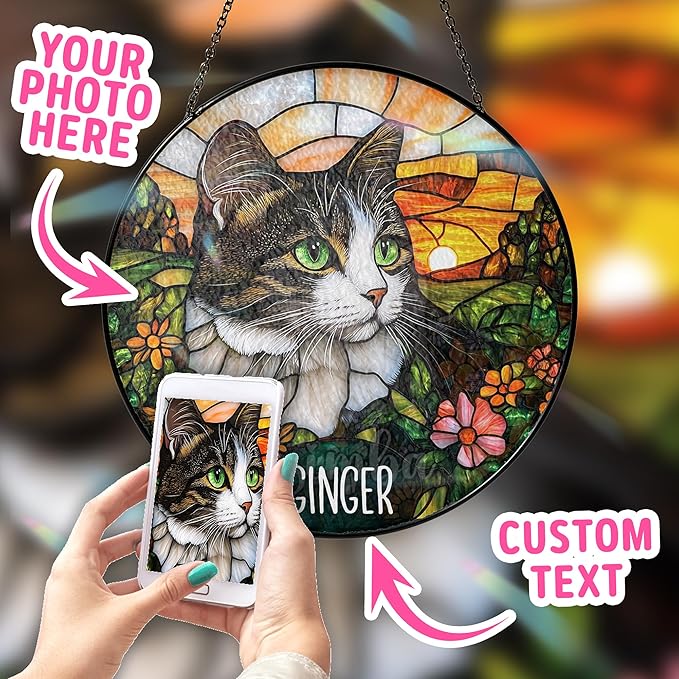 Custom Cat Portrait Art Suncatcher Stained Glass Remembrance Gift Dog Indoor Decor Window Hanging Dog Cat Bereavement Keepsake Loss of Pet Sympathy with Name Date Portrait Gifts