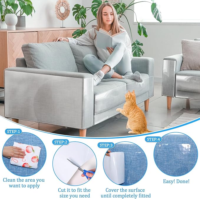 Anti Cat Scratch Furniture Protector - Thickened Vinyl Single-Sided Sticky Couch Protector for Cats Dogs, Flexible Couch Corner Guard Under Cats Claw, Cat Scratch Deterrent Tape, 130"x9.4"