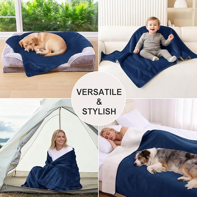 Smiry Waterproof Dog Bed Blanket, Leakproof Pet Throw Blanket for Bed Couch Sofa, Reversible Sherpa Fleece Furniture Protector Cover for Small Medium Large Dogs Cats (Navy Blue, 50x60 inches)