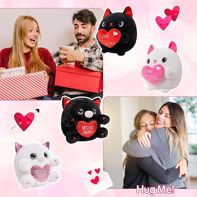 Cat Plush White Cat Stuffed Animal Toy Holding Heart with I Love You, Valentine Plush with Pink Heart for Mother's Day, Girlfriend Valentine Party Favor(White, 10 Inch)