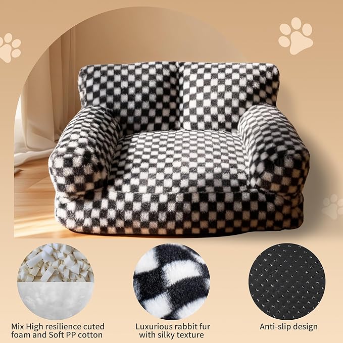 Faux Fur Cat & Dog Sofa Cat Couch Mini Cat Bed Indoor Human Style Pet Sofa, Modern Pet Furniture for Cats, Washable ＆ Removable Cover, for Cats and Small Medium Dogs (Black/White, X-Large(36X27 inch))