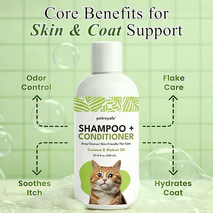 2-in-1 Cat Shampoo and Conditioner – Persian Cat Shampoo – Kitten Shampoo for Cats – Cat Shampoo for Dandruff – Pet Shampoo for Cats with Aloe Vera, Coconut & Walnut – 10.14floz