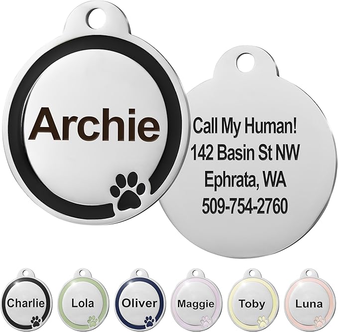 GoTags Stainless Steel Pet ID Bone Round and Heart Shaped Tags with Enamel Paw Design, Personalized Dog and Cat Tags, up to 5 Lines of Custom Text, Engraved on Both Sides (Charcoal, Small Round)