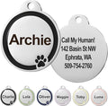 GoTags Stainless Steel Pet ID Bone Round and Heart Shaped Tags with Enamel Paw Design, Personalized Dog and Cat Tags, up to 5 Lines of Custom Text, Engraved on Both Sides (Charcoal, Regular Round)