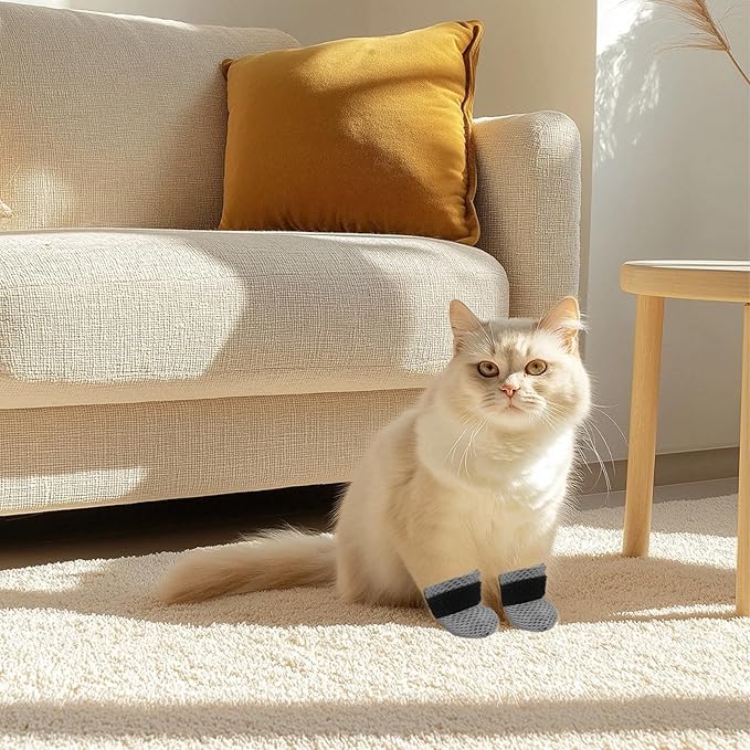 4 PCS Cat Mittens to Prevent Scratching, Adjustable Cat Booties to Prevent Scratching, Breathable Mesh Shoes, Prevent Scratches, Suitable for Bathing, Feeding and Nail Trimming (Grey)