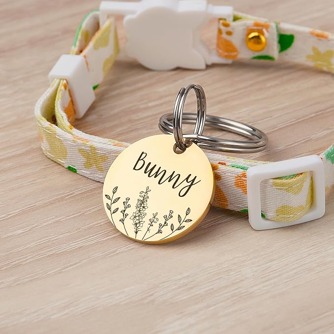 Anavia Floral Pet ID Tags, Birth Month Flowers Theme Dog Tag Round Bone Shape Cat Name Tag, Glossy Stainless Steel Gold Plated Dog Collar Tag (Round - Flower Field - Rose Gold, Large)