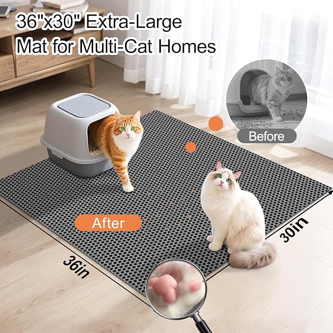 XL Extra Large Cat Litter Box Trapping Mat Honeycomb Tracking Catcher for Indoor Floor, Washable Waterproof Kitty Litter Tray Pads, Keep Your Home Easy Clean, Non Slip and Deodorizing 36x30 Inch