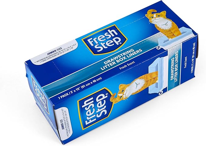 Fresh Step Jumbo Drawstring Cat Litter Box Liners,Scented Heavy Duty Kitty Litter Bags for X-Large Oval or Rectangle Pans,Helps Contain Mess for Easy Lift Out Cleanup,36 x 19 in,7 Count (Pack of 2)