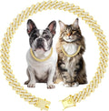 Luxury Cuban Link Dog Collar Gold Dog Chain Necklace with Diamond Rhinestones - 0.59 Inch Width Metal Pet Collar Jewelry for Small Medium Large Dogs & Cats (14 inch)