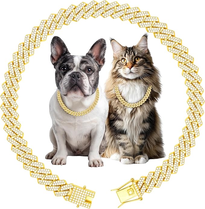 Luxury Cuban Link Dog Collar Gold Dog Chain Necklace with Diamond Rhinestones - 0.59 Inch Width Metal Pet Collar Jewelry for Small Medium Large Dogs & Cats (14 inch)