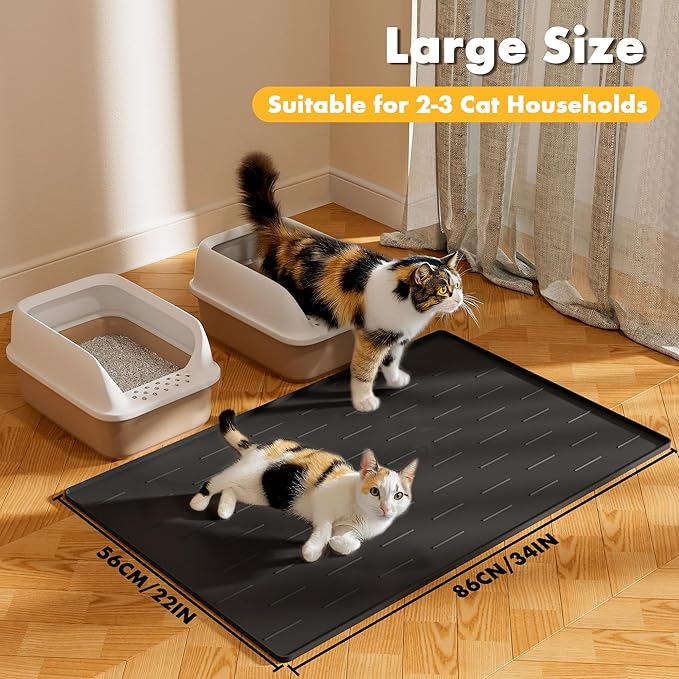 Pieviev Silicone Cat Litter Trapping Mat, 34''x22'' Large Cat Litter Mat, Easy to Clean & Soft on Kitty Paws, Waterproof Kitty Litter Pads for Indoor Cats, Black