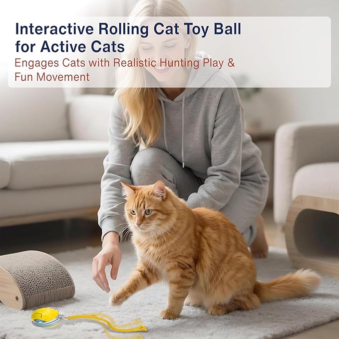 Interactive Cat Toy LED Rolling Ball — Motion-Activated, USB-C Rechargeable, 3 Play Modes, Replaceable Tails — Quiet Automatic Ball for Indoor Cats & Kittens — Safe & Durable (Yellow)