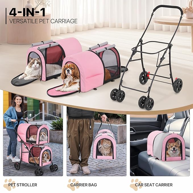 MoNiBloom Double Dog Stroller with Detachable Carrier Bags Large 4 Wheels Foldable Jogger for Small and Medium Dog Cats, Pink/Gray