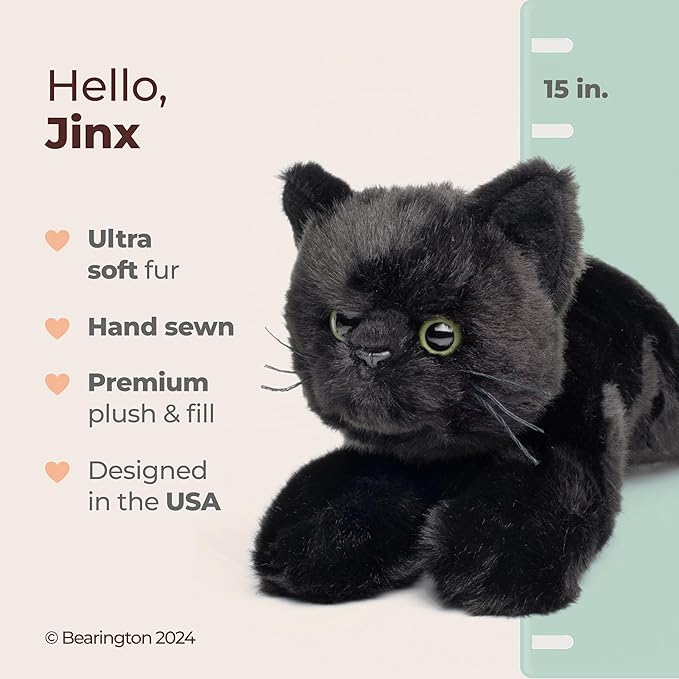 Bearington Jinx Black Cat Plush - 15" Realistic Cat Stuffed Animal with Soft Fur and Lifelike Details for Toddlers - Kitty Stuffed Animals for Girls - Adorable Cuddly Plush Toy Gift for Kids