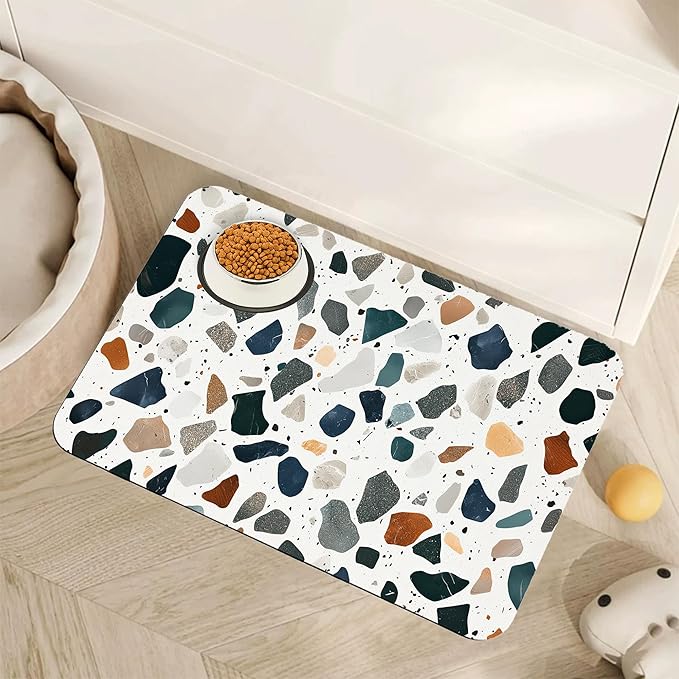 Terrazzo Stone Colorful Dog Cat Food Mat,Absorbent Pet Feeding Mat for Food and Water,Non-Slip Dog Bowl Mats Floor Protector 16"x24"